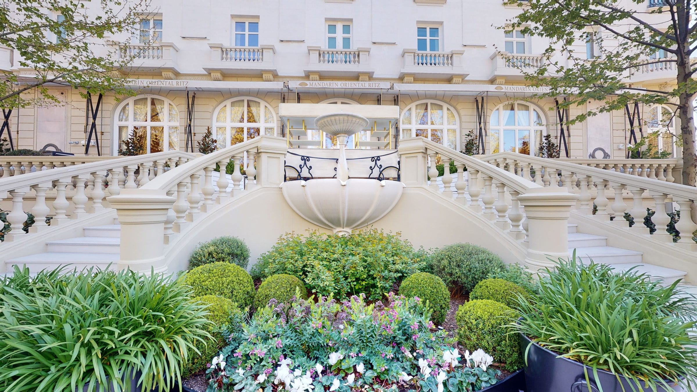 The garden staircase and fountain at the Mandarin Oriental Ritz, Madrid