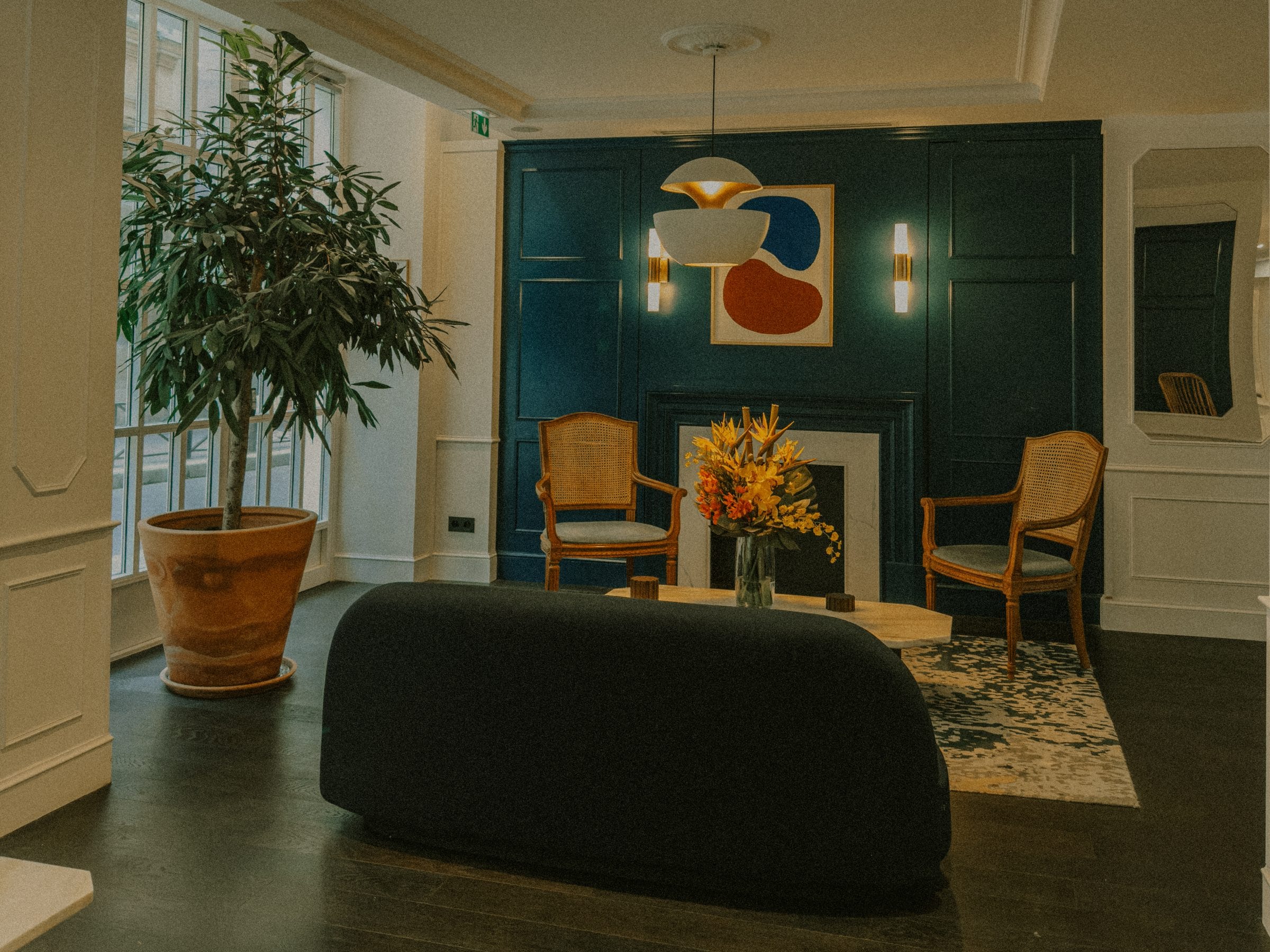 The lobby of New Hotel Lafayette in Paris, with deep teal panelling, cane chairs and an olive tree